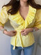Lace Patchwork V Neck Tie Up Puff Sleeve Blouse - Yellow