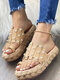 Plus Size Women Casual Summer Beach Vacation Pearls Decor Espadrilles Platforms Thumb Slippers - Apricot