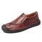 Men Delicate Hand Stitching Toe Protective Slip On Leather Loafers - Red
