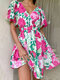 Flower Print Cut Out Button Knotted Short Sleeve Mini Dress - Rose