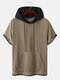 Mens Contrast Stitching Knit Short Sleeve Hooded T-Shirts With Pocket - Khaki