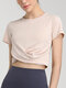 Solid Color Short Sleeve O-neck Pleated Sport Crop Top - Pink