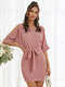Tie-up Belt Design Cold Shoulder Half Sleeves Mini Dress - Pink