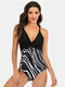 Plus Size Women Polka Dot Print Splice Skinny Fit One Piece Swimwear - Black