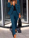 Women Solid Long Sleeve Lapel Two Pieces Suit - Blue