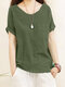 Solid Pocket Roll Short Sleeve Round Neck Casual Blouse - Army Green