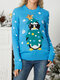 Cartoon Animal Christmas Crew Neck Long Sleeve Sweater - Blue