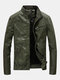 Mens Fashion PU Leather Multi Pockets Long Sleeve Stand Collar Slim Fit Jackets - Green