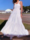 Solid Ruffle Zip Backless Sleeveless Vacation Casual Maxi Dress - White