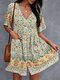 Bohemian Floral Ethnic Pattern V-neck Button Short Sleeve Print Dress - White