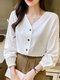 Solid Long Sleeve V-neck Button Front Blouse - أبيض