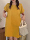 Solid Square Collar Short Sleeve Side Pockets Casual Dresses - Yellow