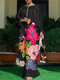 Большие размеры Женское Круглый цветочный принт Шея Свободное атласное платье макси Платье - Черный