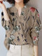 Plants Print Long Sleeve Stand Collar Blouse For Women - Apricot
