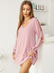 Solid V-neck Cut Out Tie-up At Cuffs Long Sleeves Dress - Pink