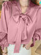 Solid Bowknot Collar Puff Long Sleeve Blouse For Women - Pink