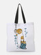 Unisexual Dacron Fabric Casual Large Capacity Tote Bag Daily Cat Pattern Handbag - White