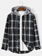 Mens Plaid Button Up Long Sleeve Casual Hooded Shirts - Navy