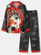 Women Faux Silk Opera Character Print Revere Collar National Style Pajama Sets - Black