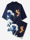 Mens Japanese Style Wave & Koi Ukiyoe Back Print Kimono Two Pieces Outfits - Navy