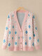 Argyle Pattern Button Long Sleeve Knit Cardigan - Pink