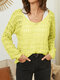 Plus Size Solid Hollow Knit V-neck Long Sleeve Sweater - Yellow
