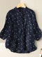 Floral Print Button Stand Collar 3/4 Sleeve Blouse For Women - Navy