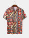 Camisas masculinas allover étnicas com estampa geométrica e lapela manga curta - laranja