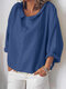 Сплошной цвет отложным воротником с длинным рукавом свободные блузки женские - синий