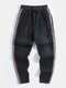 Mens Contrast Side Piping Patchwork Cotton Drawstring Denim Pants - Black