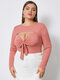 Plus Size Crew Neck Cut Out Tie-up Design Tee - Pink
