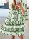 Ethnic Print Long Sleeve V-neck Loose Dress For Women - Green