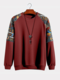 Mens Ethnic Pattern Patchwork Raglan Sleeve Pullover Sweatshirts - Wine Red