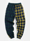 Mens Contrast Plaid Patchwork 100% Cotton Drawstring Jogger Pants With Pocket - Yellow
