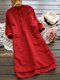 Solid Stand Collar Long Sleeve Pocket Button Vintage Dress - Red