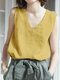 Cotton Solid V-neck Casual Sleeveless Tank Top - Yellow