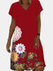 Vintage Printed Short Sleeve V-neck Midi Dress - Red