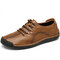 Menico Men Hand Stitching Leather Non Slip Soft Sole Comfy Shoes - Khaki