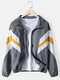 Mens Color Block Patchwork Cotton Zip Front Lapel Collar Relaxed Fit Jackets - Grey