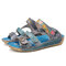 SOCOFY Retro Leather Embossed Floral Hook Loop Flat Slip-On Slides Non-slip Flat Sandals - Blue