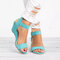 Women Casual Solid Color Peep Toe Buckle Wedges Sandals - Blue