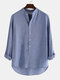 Mens Cotton Linen V-neck Collar Long Sleeve Henley Shirts - Blue