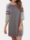 Plus Size Women Patchwork 3/4 Sleeve Round Neck Nightdress Casual Pajamas - Gray