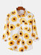 Mens Sunflower Print Casual Holiday Lapel Long Sleeve Shirts With Pocket - White