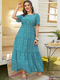 Floral Print Short Sleeve Plus Size Holiday Long Dress - Blue