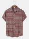 Mens Ethnic Geometric Print Lapel Casual Short Sleeve Shirts - Red