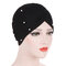 Womens Breathable Comfortable Pearl Hat Casual Elastic Beanie Hats Muslim Pile Heap Cap - Black