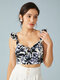 Navy Floral Ruffle Knotted Open Back Cropped Elegant Tank Top - Navy