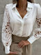 Women Guipure Patchwork Lapel Casual Long Sleeve Shirt - White