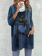 Fashion Cat Print V-neck Long Sleeve Plus Size Blouse with Pocket - Blue